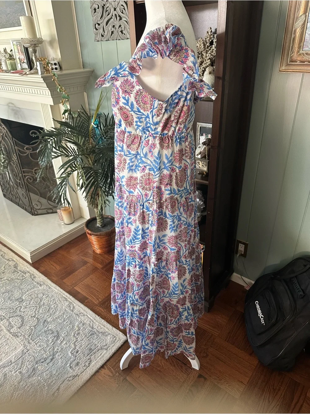 J. Crew 100% Cotton Floral Ruffle-Strap Maxi Dress in Blue & Pink